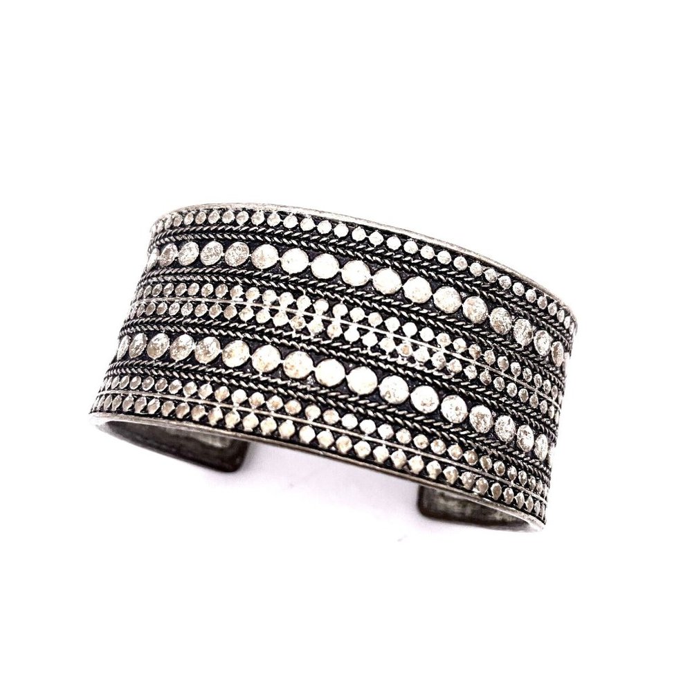 Lucky Brand Tibetan Cuff Bracelet Silver Tone Signed Adjustable